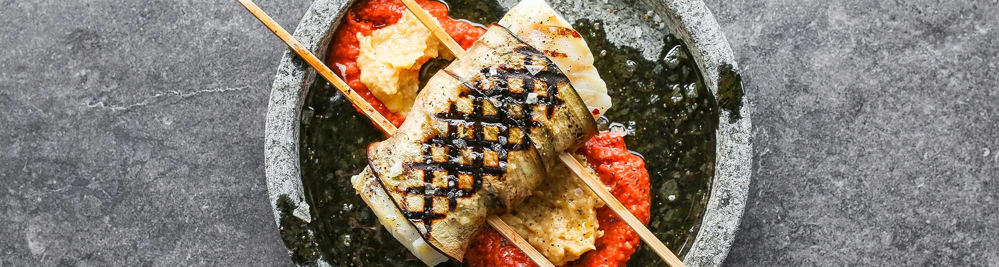 Grillet torsk surret i aubergine