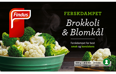 Pakningsbilde brokkoli og blomkål, ferskdampet, med Nøkkelhullmerke fra Findus